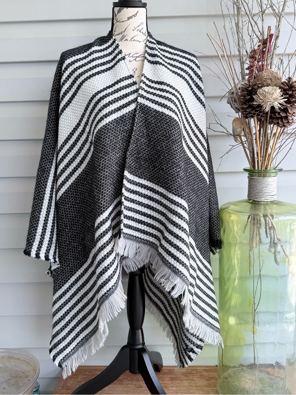 Classic Black & White Striped Poncho Cape
